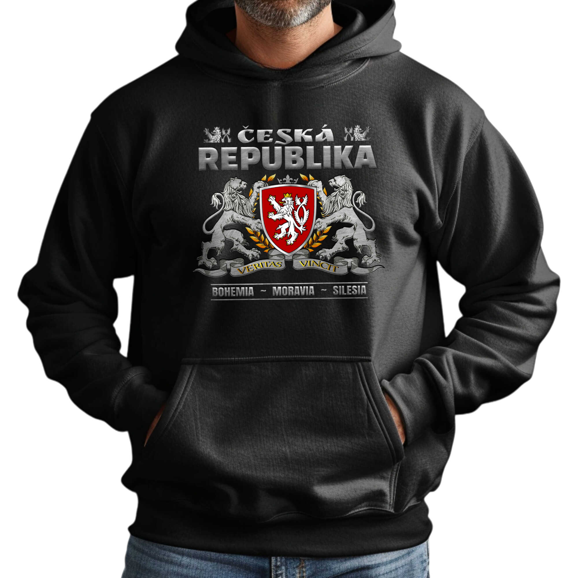 Pánská mikina s kapucí s potiskem Česká republika-Veritas Vincit-Mikina